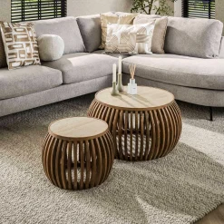 Emob Curve Nuovo Travertin Couchtisch-Set - Massivholz Mango