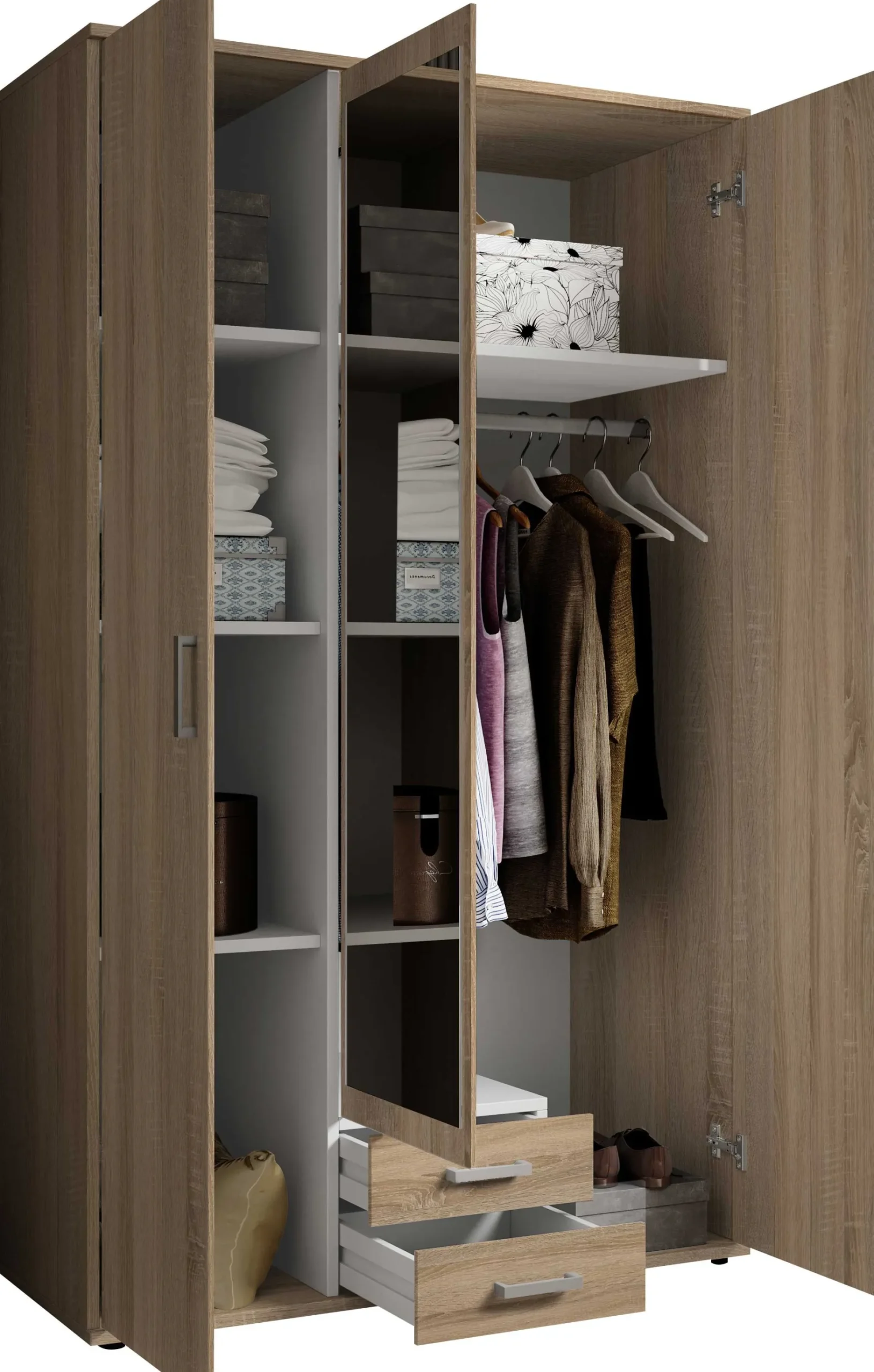 Daniela 120cm Kleiderschrank mit 3 Türen 2 Schubladen und Spiegel - Eiche