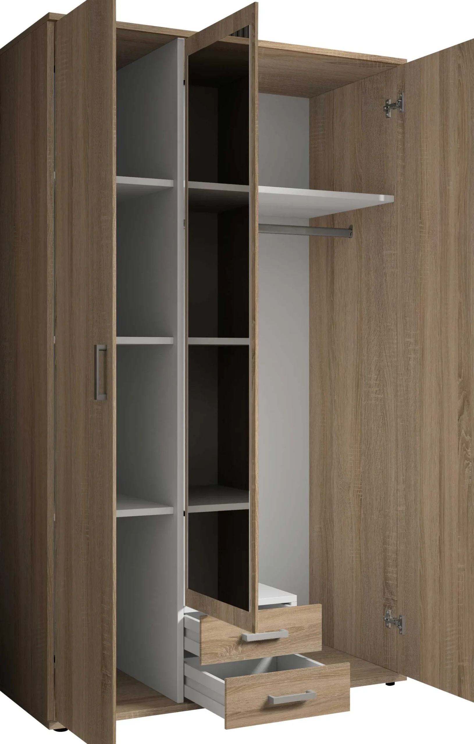 Daniela 120cm Kleiderschrank mit 3 Türen 2 Schubladen und Spiegel - Eiche