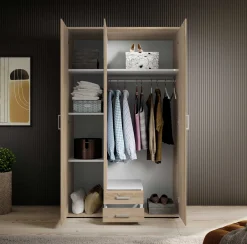 Daniela 120cm Kleiderschrank mit 3 Türen 2 Schubladen und Spiegel - Eiche