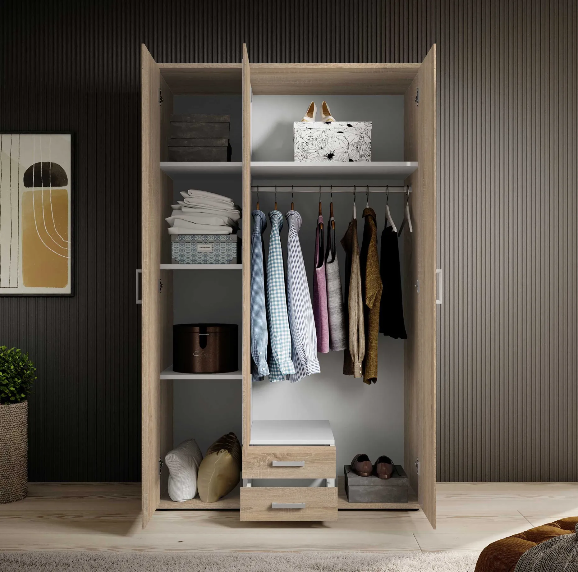 Daniela 120cm Kleiderschrank mit 3 Türen 2 Schubladen und Spiegel - Eiche