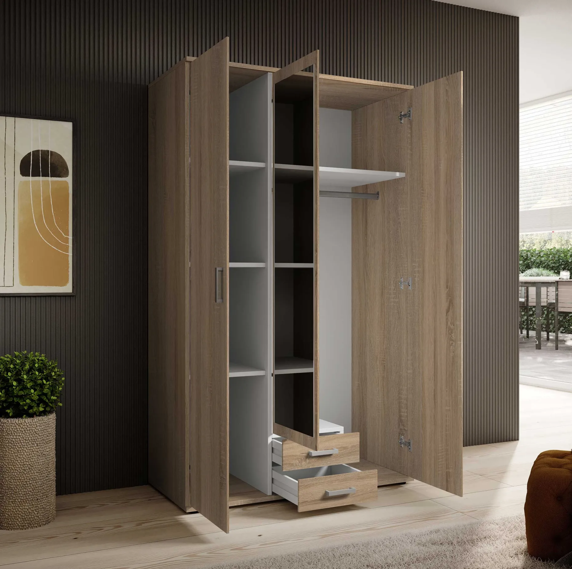 Daniela 120cm Kleiderschrank mit 3 Türen 2 Schubladen und Spiegel - Eiche