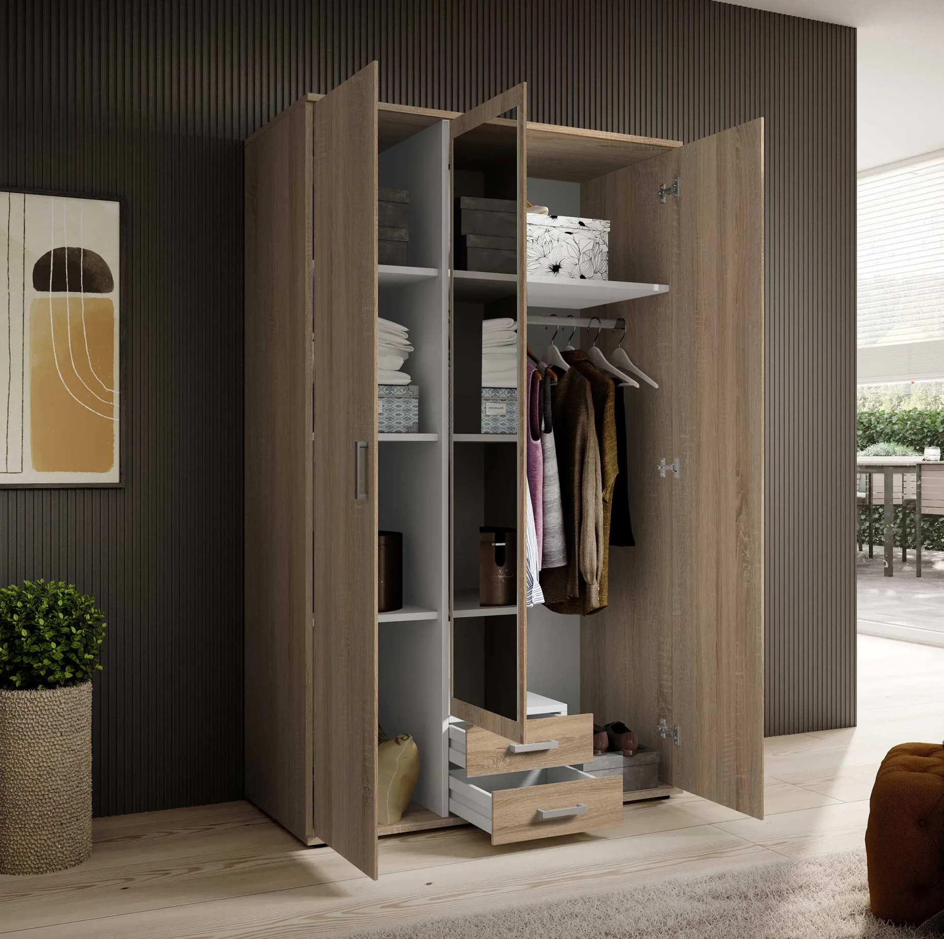 Daniela 120cm Kleiderschrank mit 3 Türen 2 Schubladen und Spiegel - Eiche