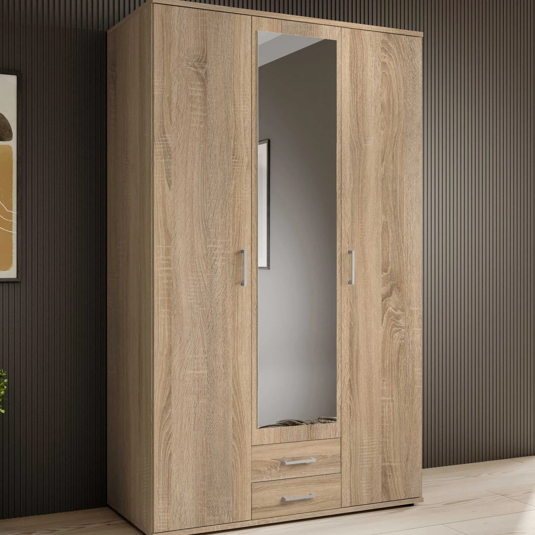 Daniela 120cm Kleiderschrank mit 3 Türen 2 Schubladen und Spiegel - Eiche