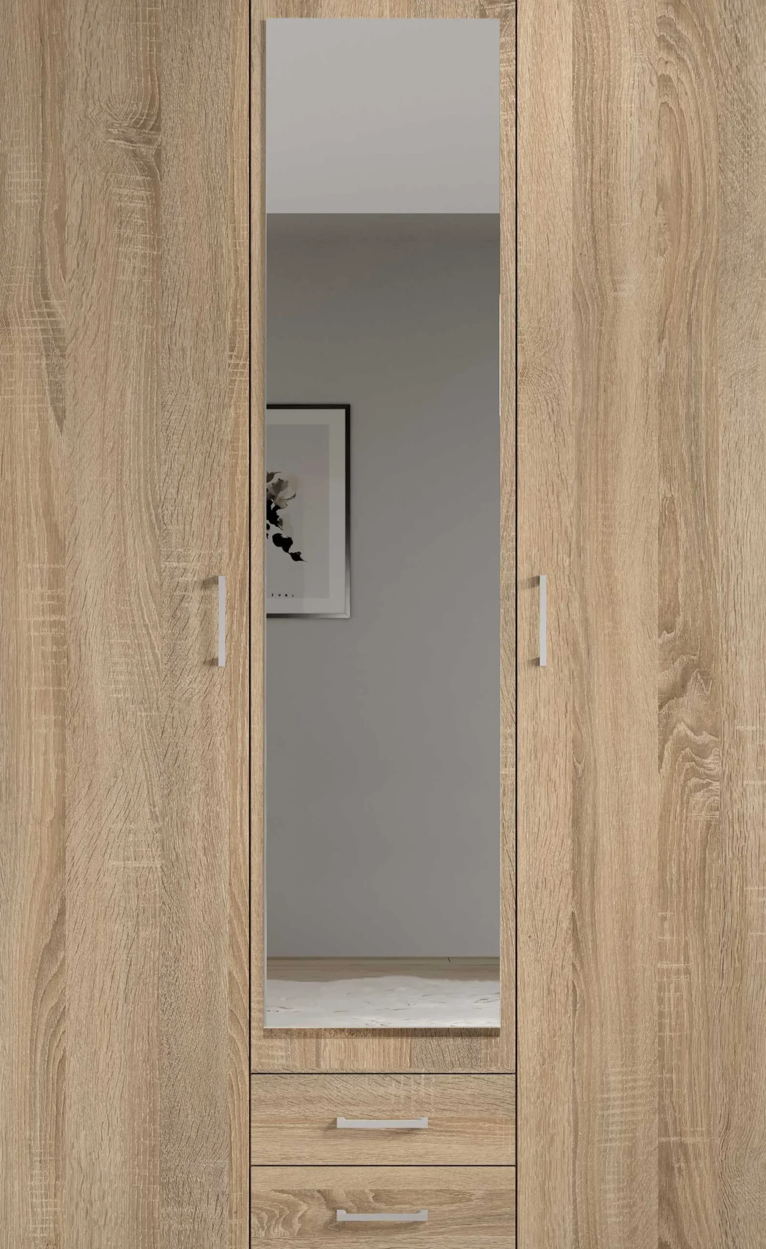 Daniela 120cm Kleiderschrank mit 3 Türen 2 Schubladen und Spiegel - Eiche