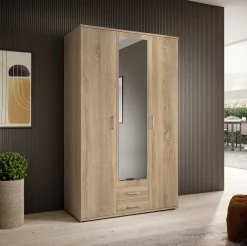 Daniela 120cm Kleiderschrank mit 3 Türen 2 Schubladen und Spiegel - Eiche