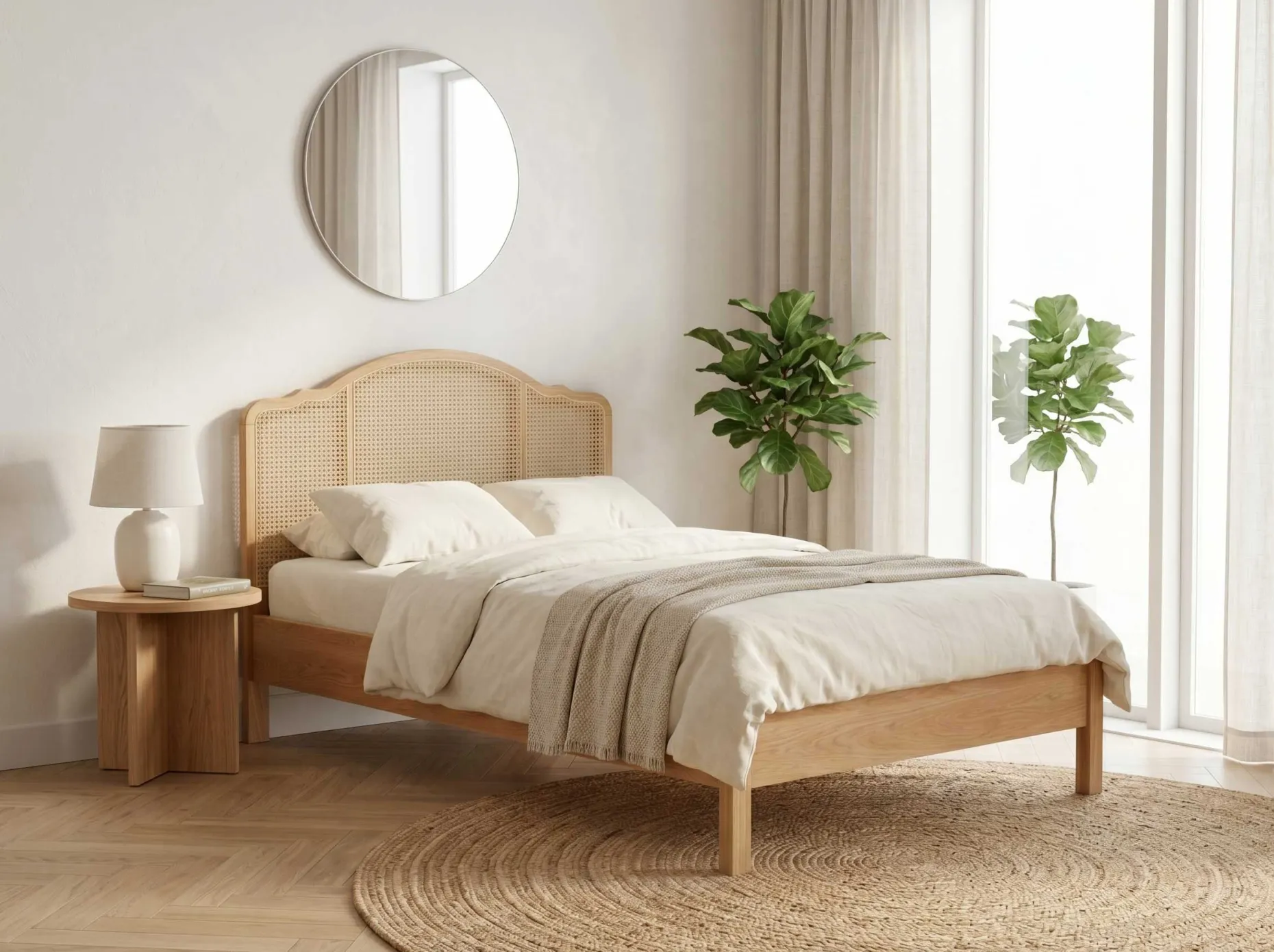 Doppelbet Prestige - 140x200cm - mit Lattenrost - Eichenholz/Rattan