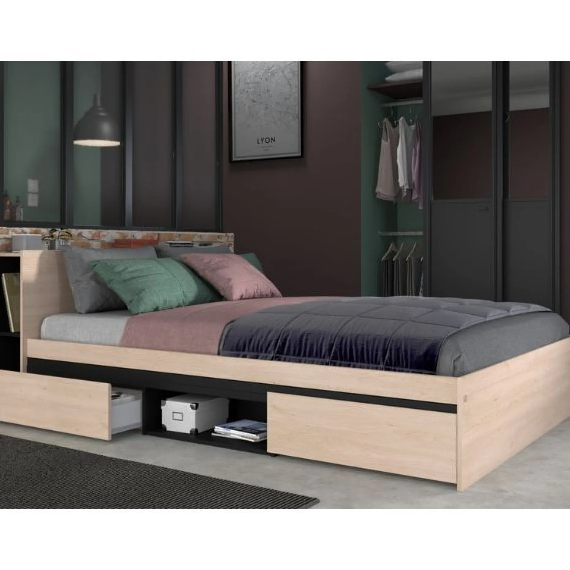 Doppelbett Bruxelles 148cm-2 Einlegeböden, 2 Schubladen, 1 Ablagefach-schwarz/eik