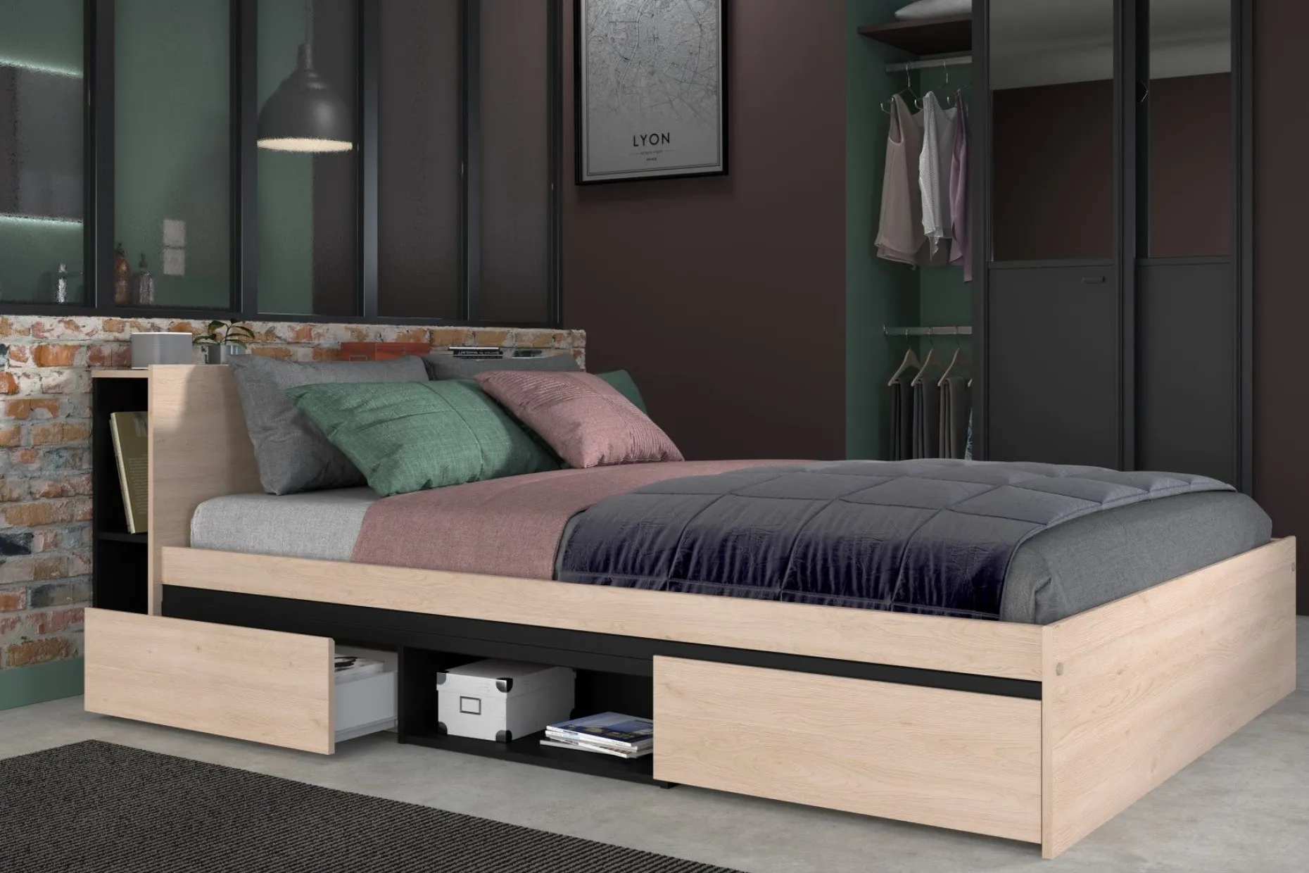 Doppelbett Bruxelles 148cm-2 Einlegeböden, 2 Schubladen, 1 Ablagefach-schwarz/eik