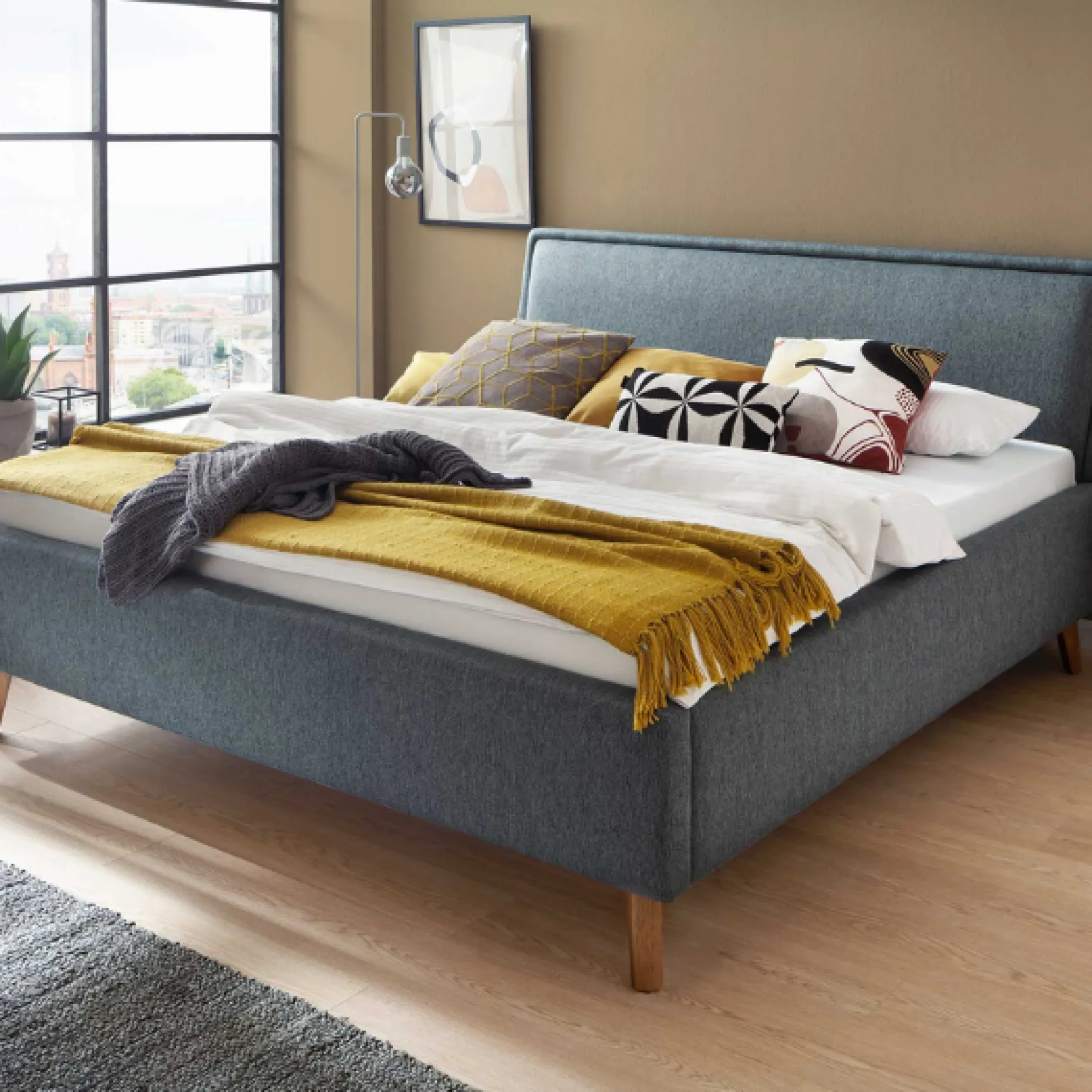 Doppelbett Estee 160x200 mit Stauraum - blau/Eiche