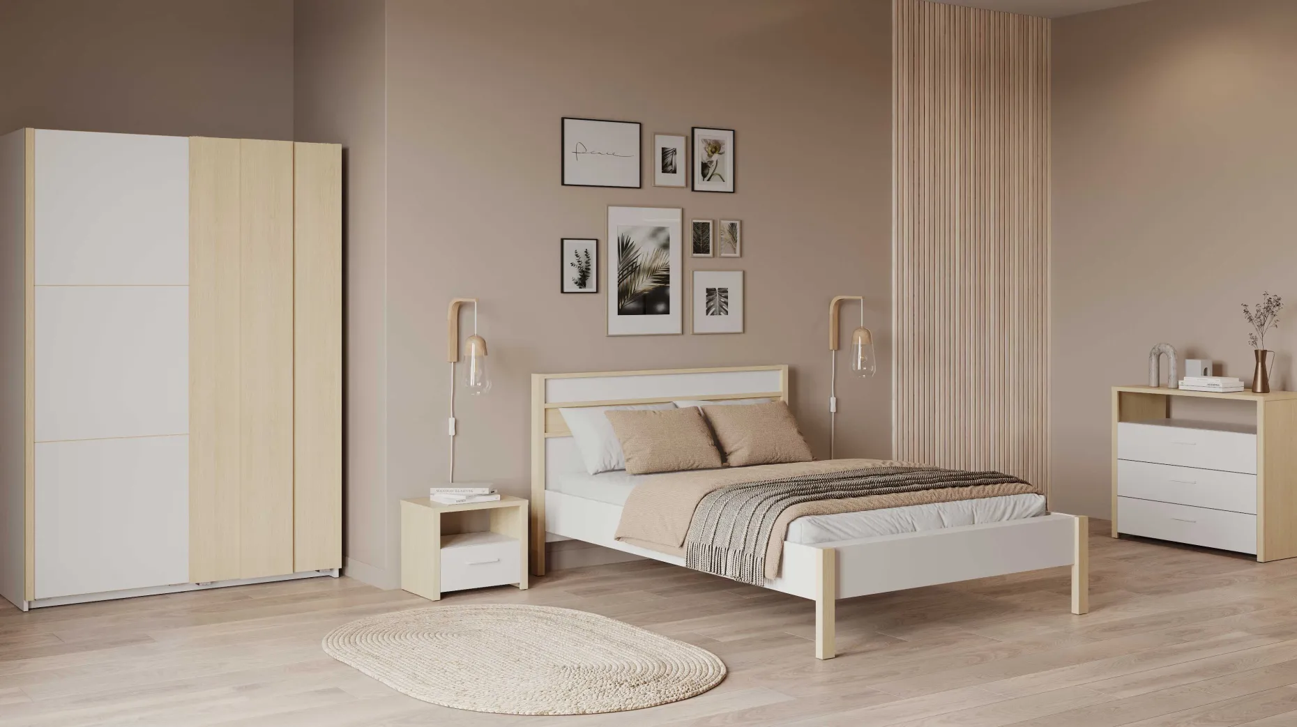 Doppelbett Heva - 140x190/200cm - weiß/Eiche Dekor