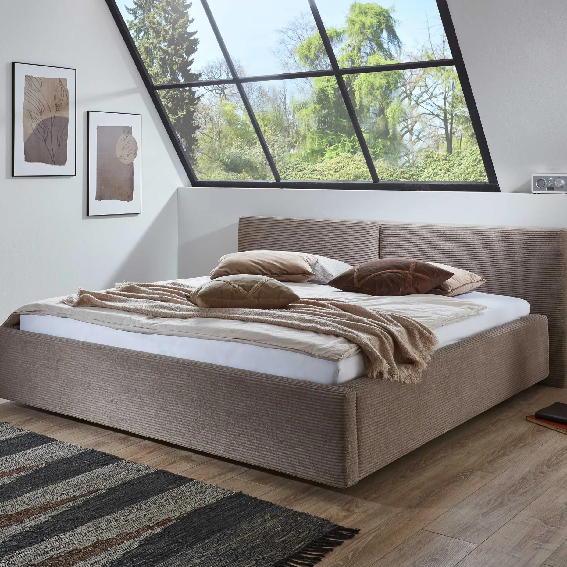 Doppelbett Kubrik 180x200cm mit Stauraum Rippe Samt - taupe
