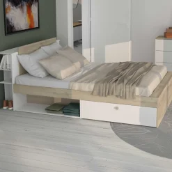 Doppelbett Liva - 160x200cm - mit Stauraum - weiß/Eiche Dekor