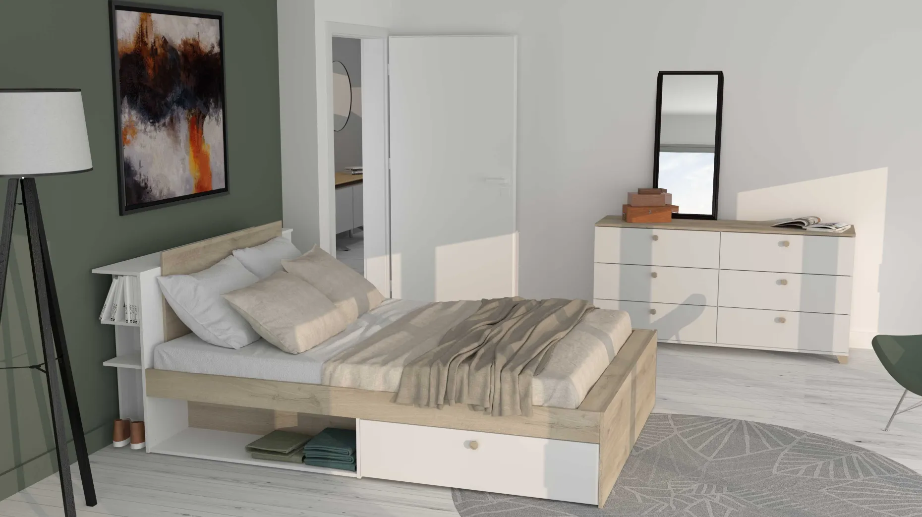 Doppelbett Liva - 160x200cm - mit Stauraum - weiß/Eiche Dekor