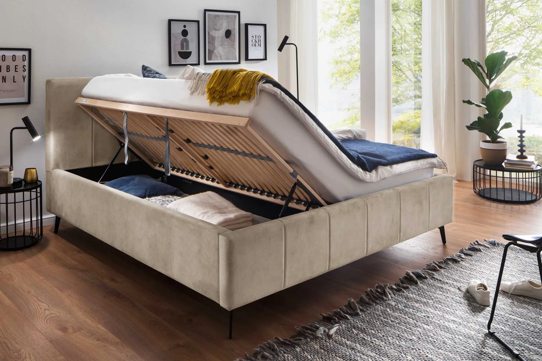Doppelbett Lizzie 160x200cm mit Stauraum - beige
