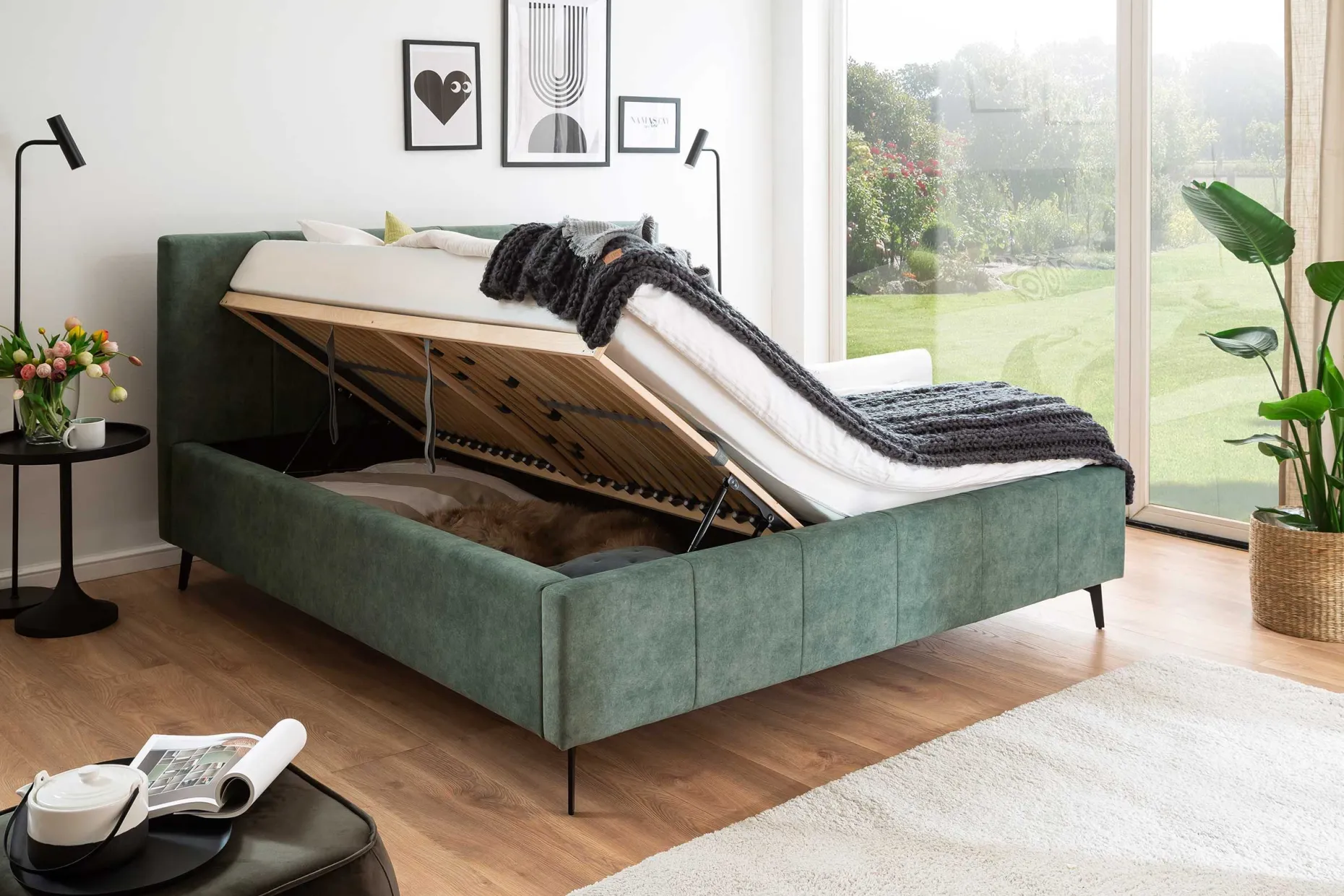 Doppelbett Lizzie 160x200cm mit Stauraum - grün