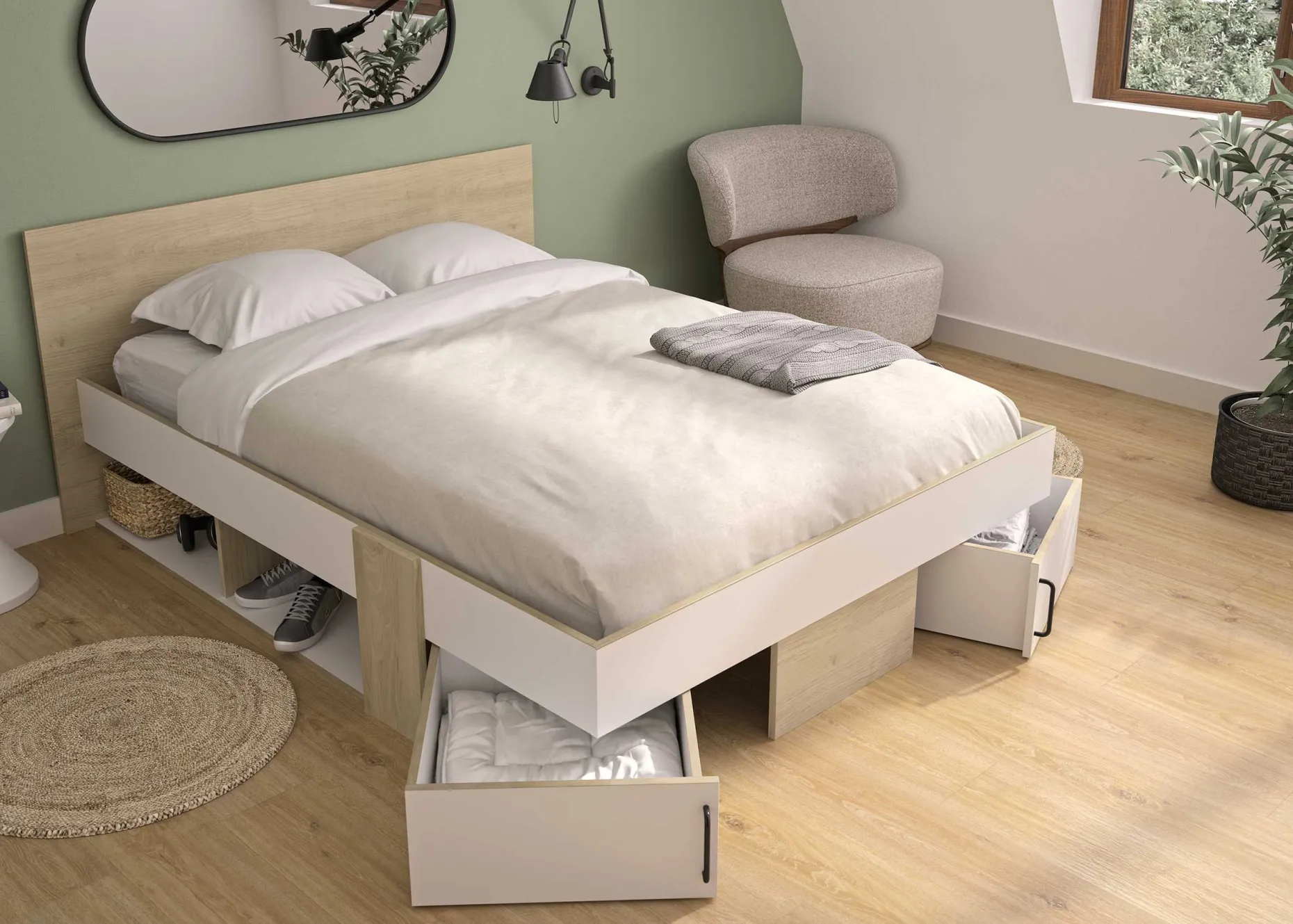 Doppelbett mit Stauraumschubladen Swivel | 160 x 194 x 80 cm | Eiche Blond Design