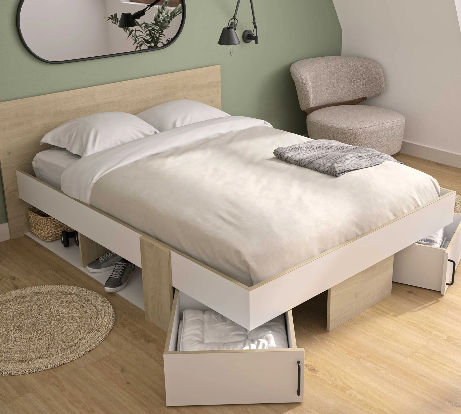 Doppelbett mit Stauraumschubladen Swivel | 160 x 194 x 80 cm | Eiche Blond Design