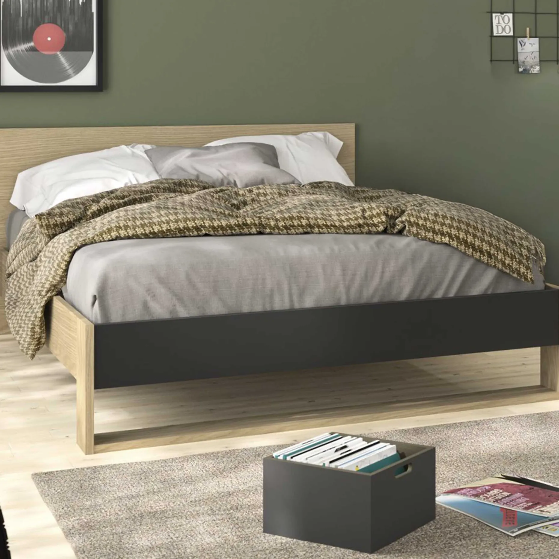 Doppelbett Nael - 140x190cm - Eiche Dekor/schwarz