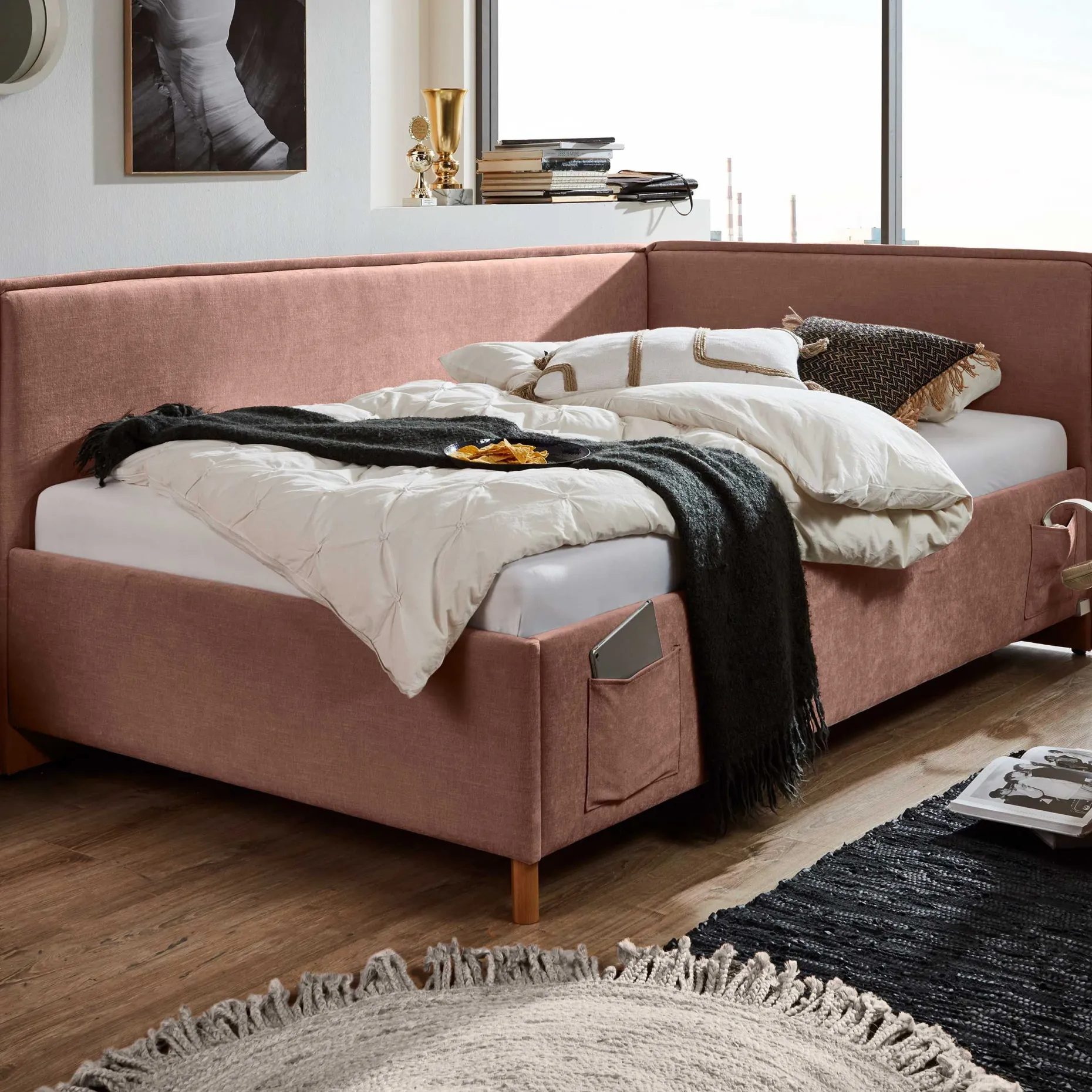 Doppelbett Ollie | Mit Rückenlehne | 140 x 200 cm | Rosa Design