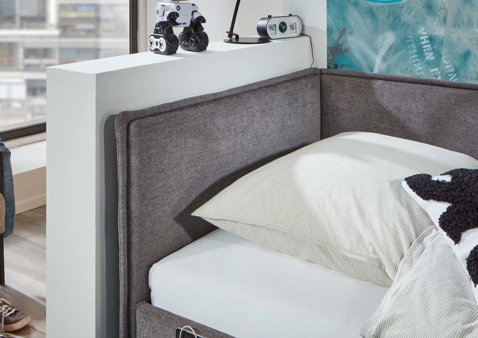 Doppelbett Ollie | Mit Rückenlehne | 140 x 200 cm | Design Grau