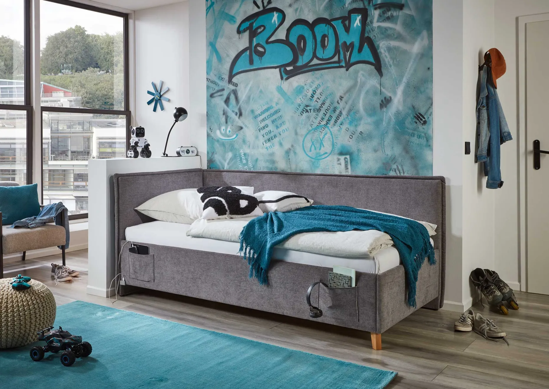 Doppelbett Ollie | Mit Rückenlehne | 140 x 200 cm | Design Grau
