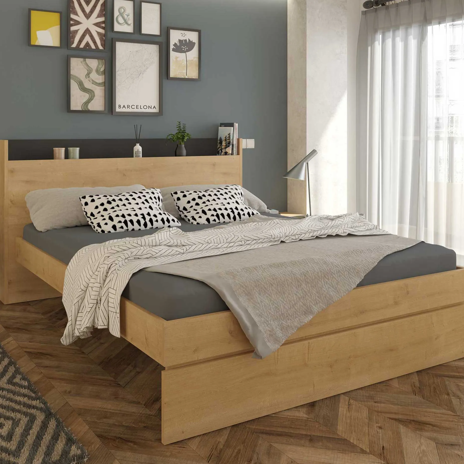 Doppelbett Sanna 180x200 - Dekor Eiche hell/ schwarz