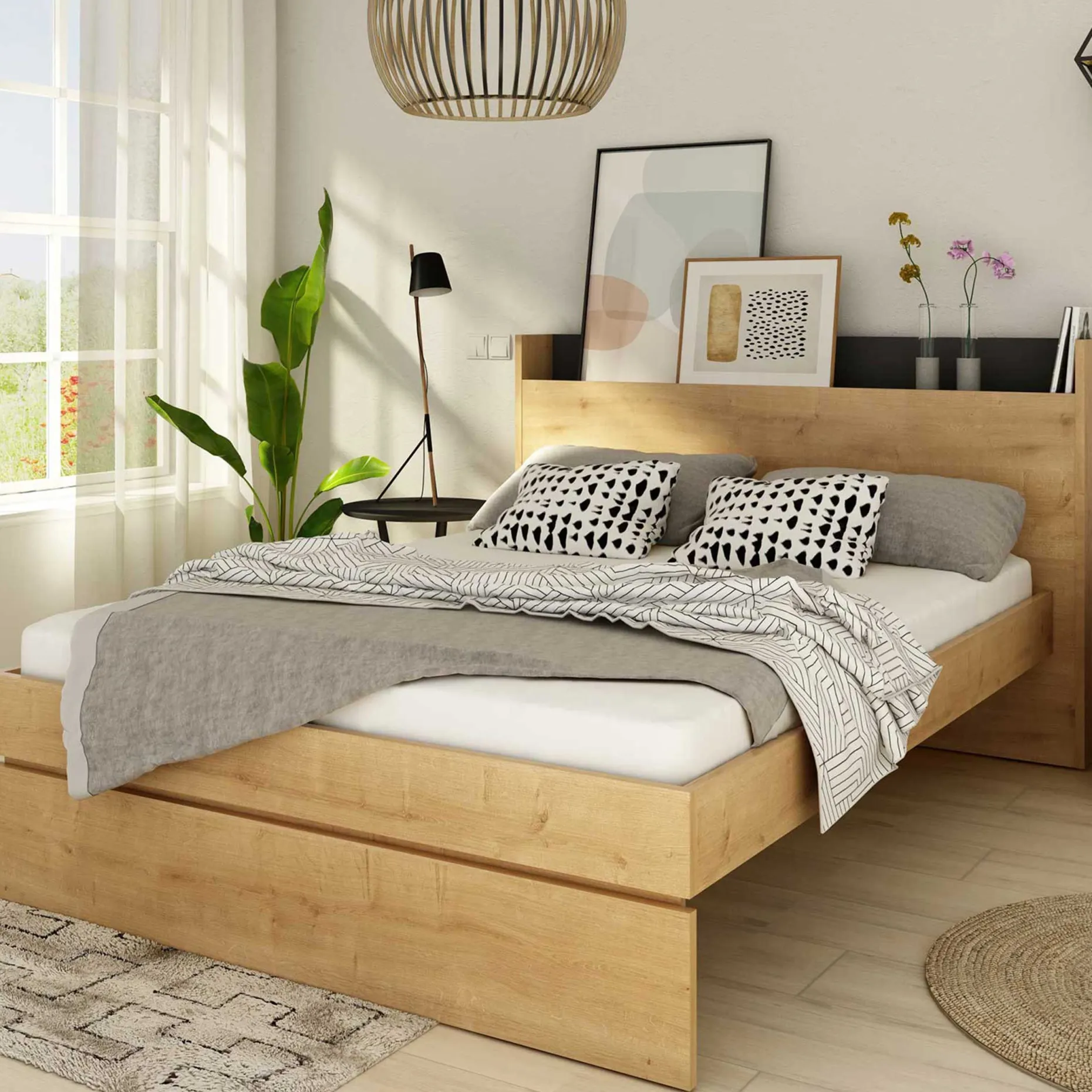 Doppelbett Sanna 160x200 - Dekor Eiche hell/schwarz