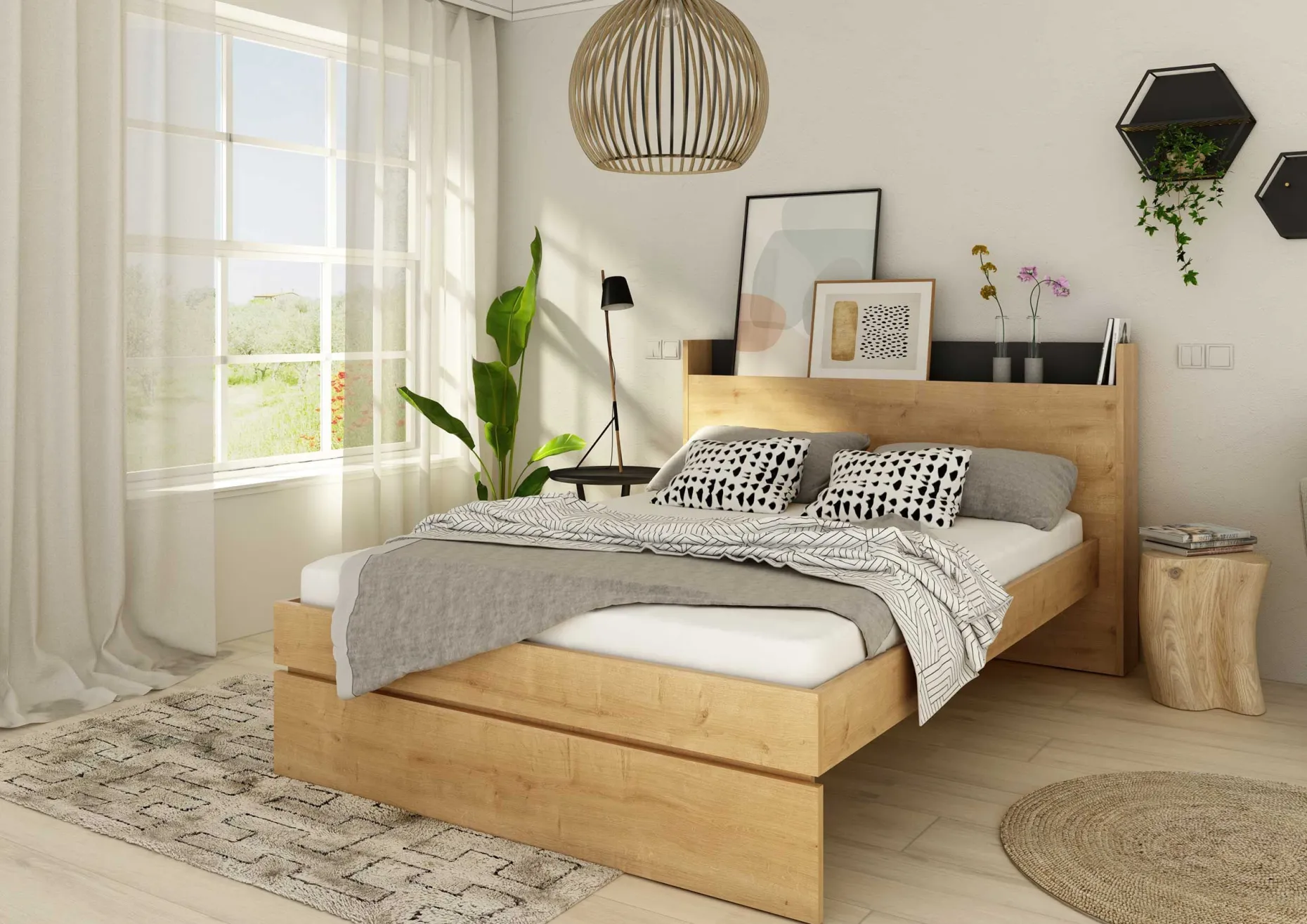 Doppelbett Sanna 160x200 - Dekor Eiche hell/schwarz