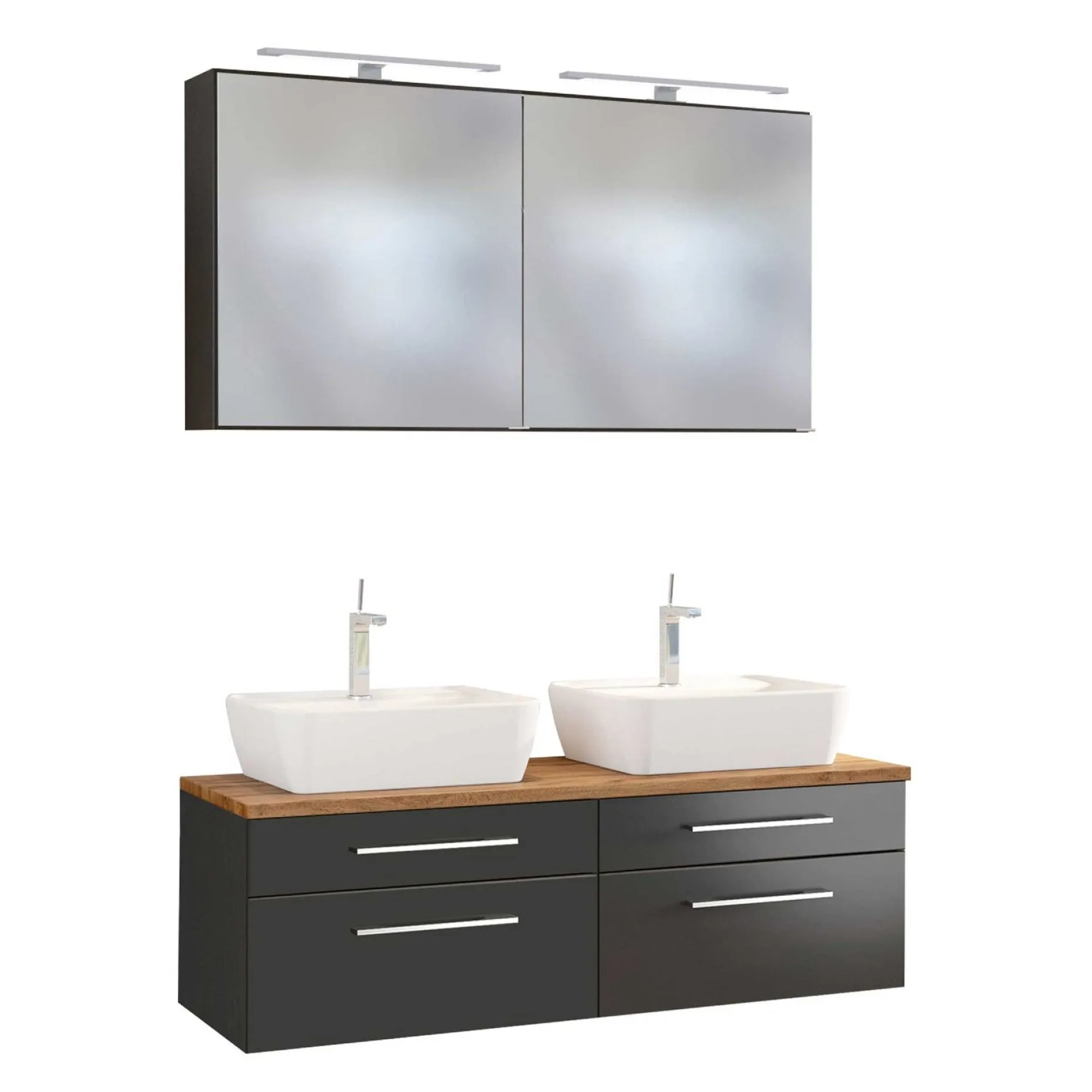 Doppelwaschtischschrank mit Spiegelschrank Dasa 120cm 4 Schubladen - graphit/mattgrau