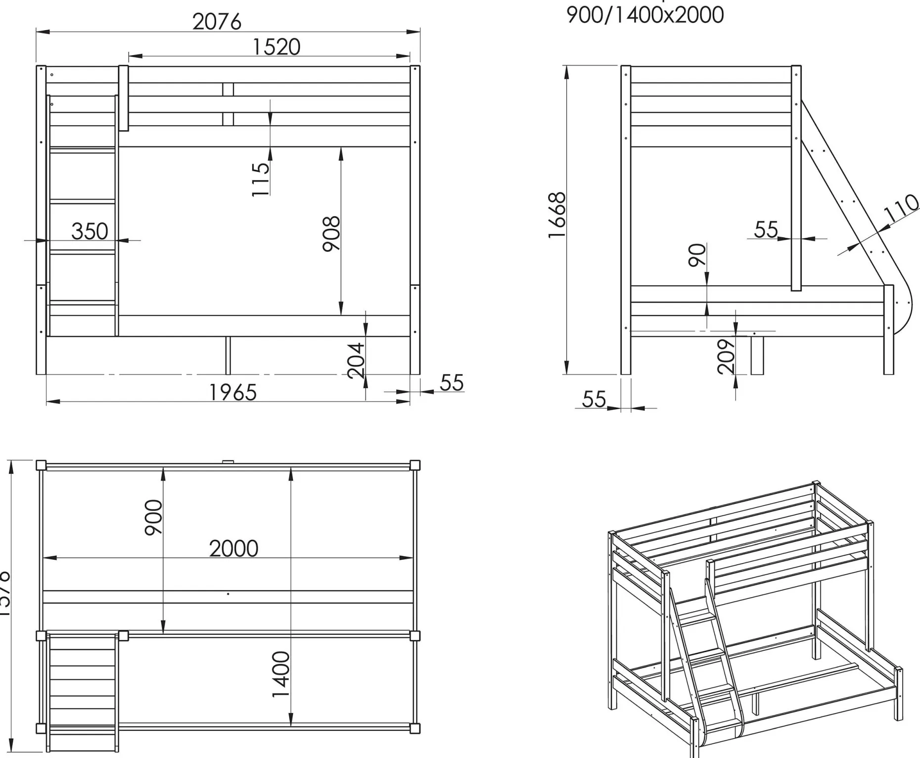 Dreifach-Etagenbett 3-Personen Holz - weiß