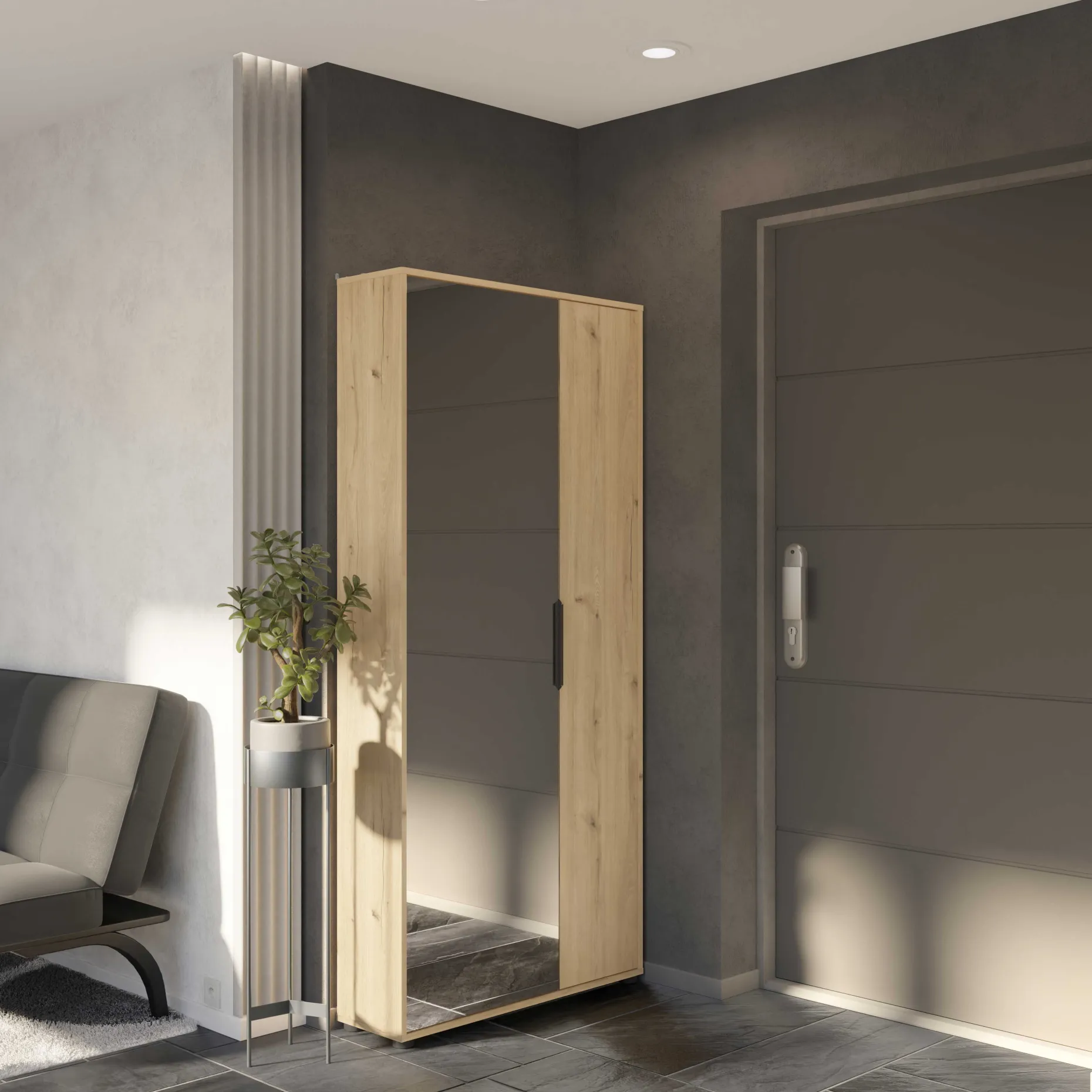 Ebony Schuhschrank 83x24x178cm - mit Spiegel - Eiche Dekor