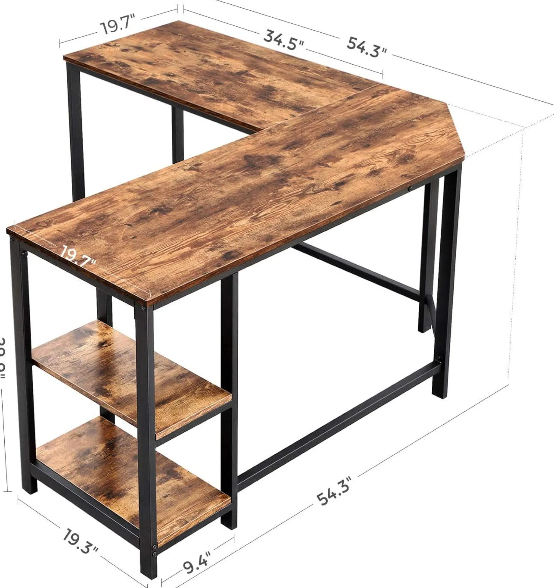Vasagle Eckschreibtisch Fabrice 138cm 2 Ablagen - rustikal braun/schwarz