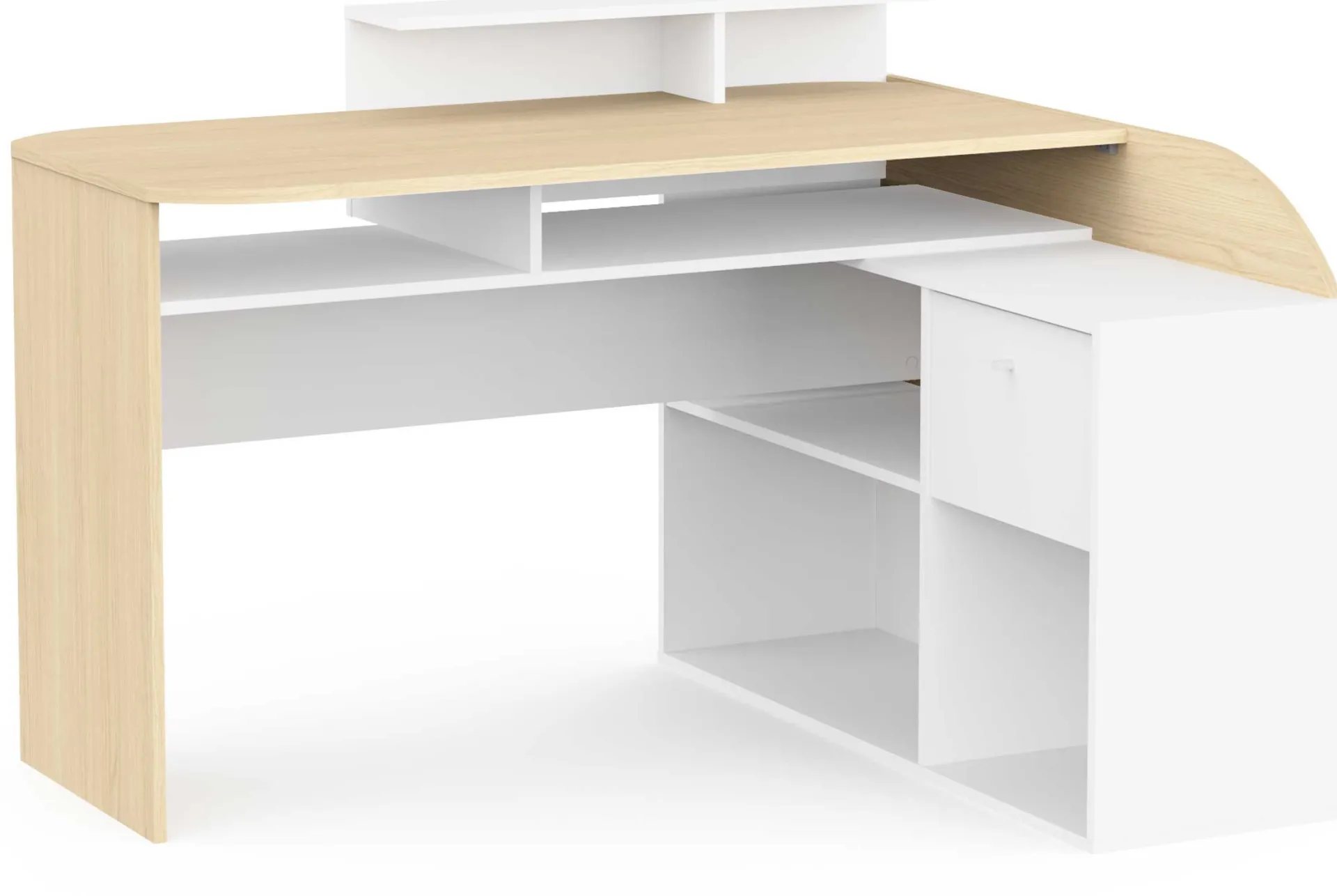 CBA Eckschreibtisch Kemo - 108x128x90cm - mit Stauraum - Eiche Dekor/Weiß