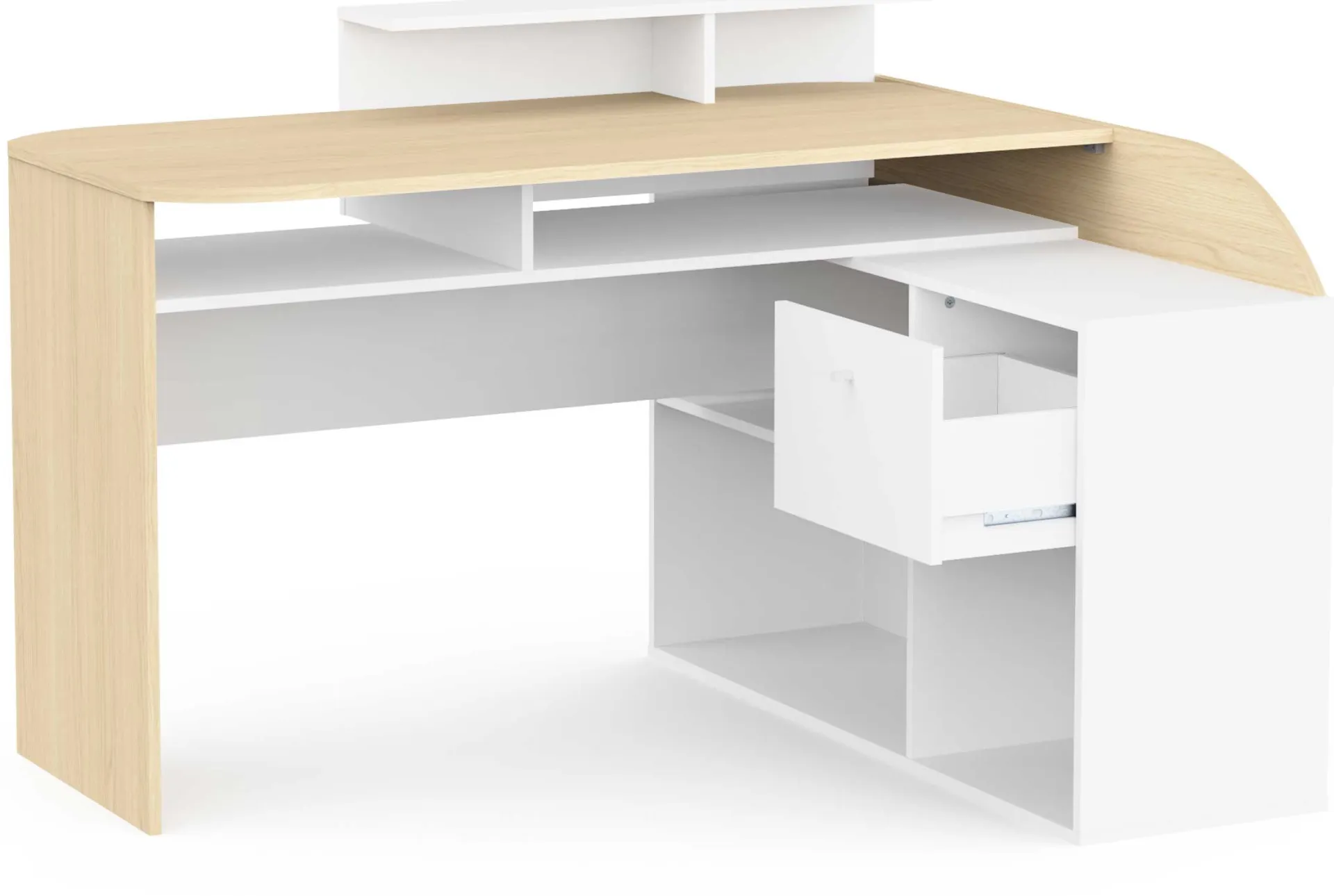 CBA Eckschreibtisch Kemo - 108x128x90cm - mit Stauraum - Eiche Dekor/Weiß