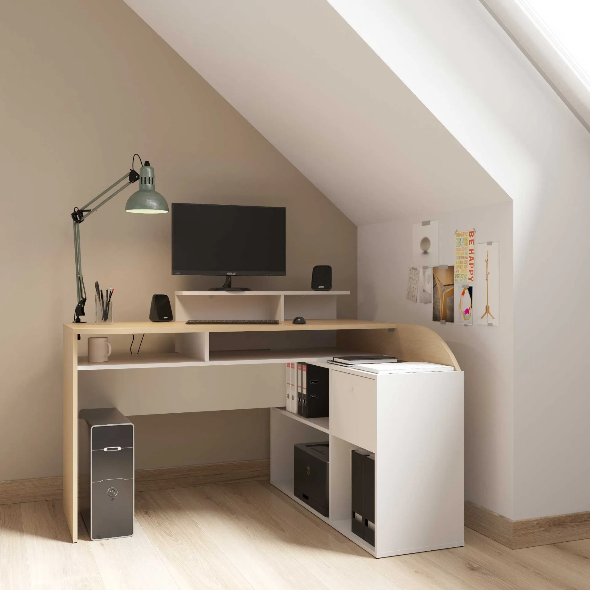 CBA Eckschreibtisch Kemo - 108x128x90cm - mit Stauraum - Eiche Dekor/Weiß