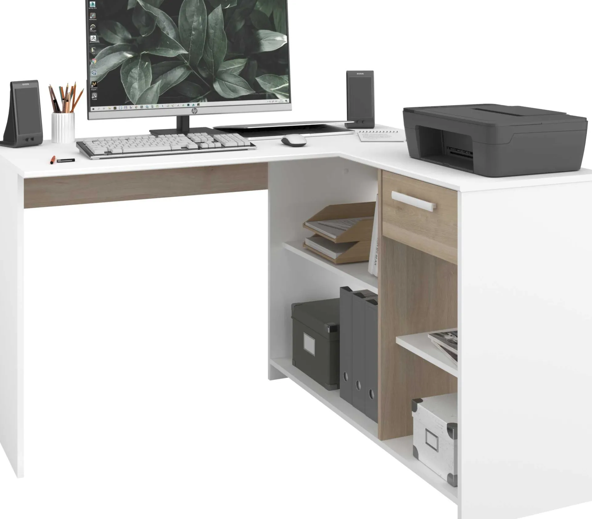 Parisot Eckschreibtisch Sil - 121x111x75cm - mit Stauraum - Eiche Dekor/Weiß