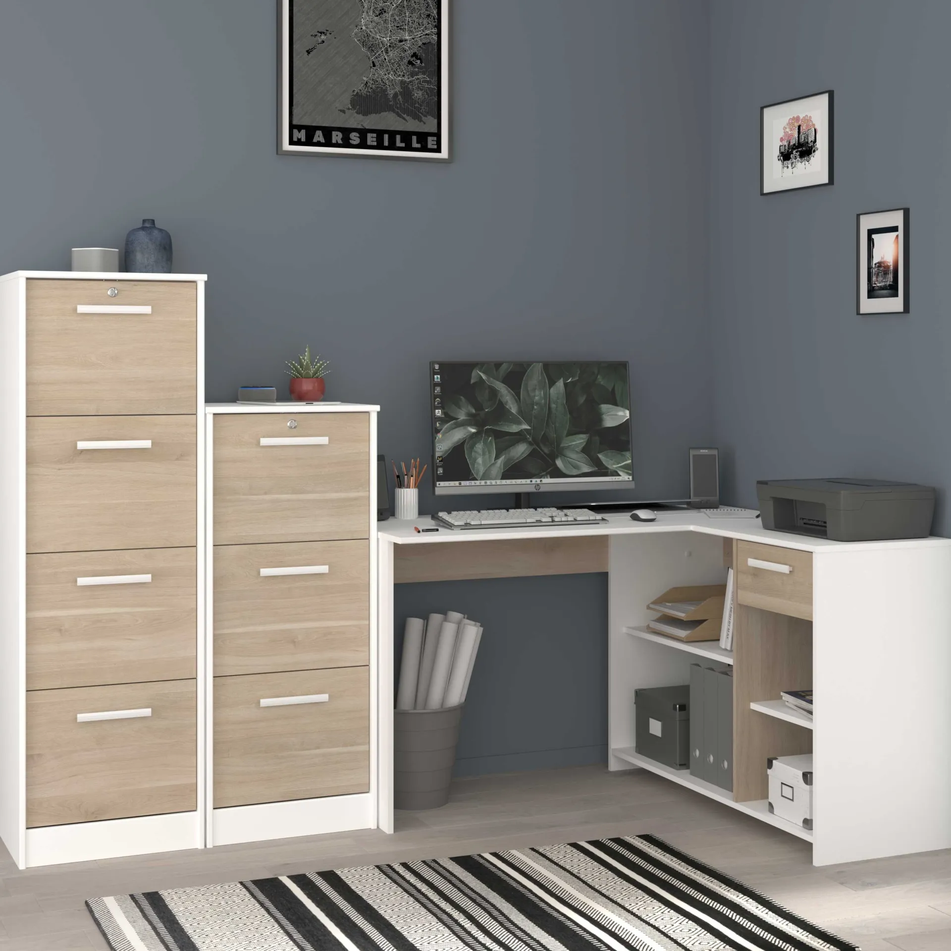 Parisot Eckschreibtisch Sil - 121x111x75cm - mit Stauraum - Eiche Dekor/Weiß