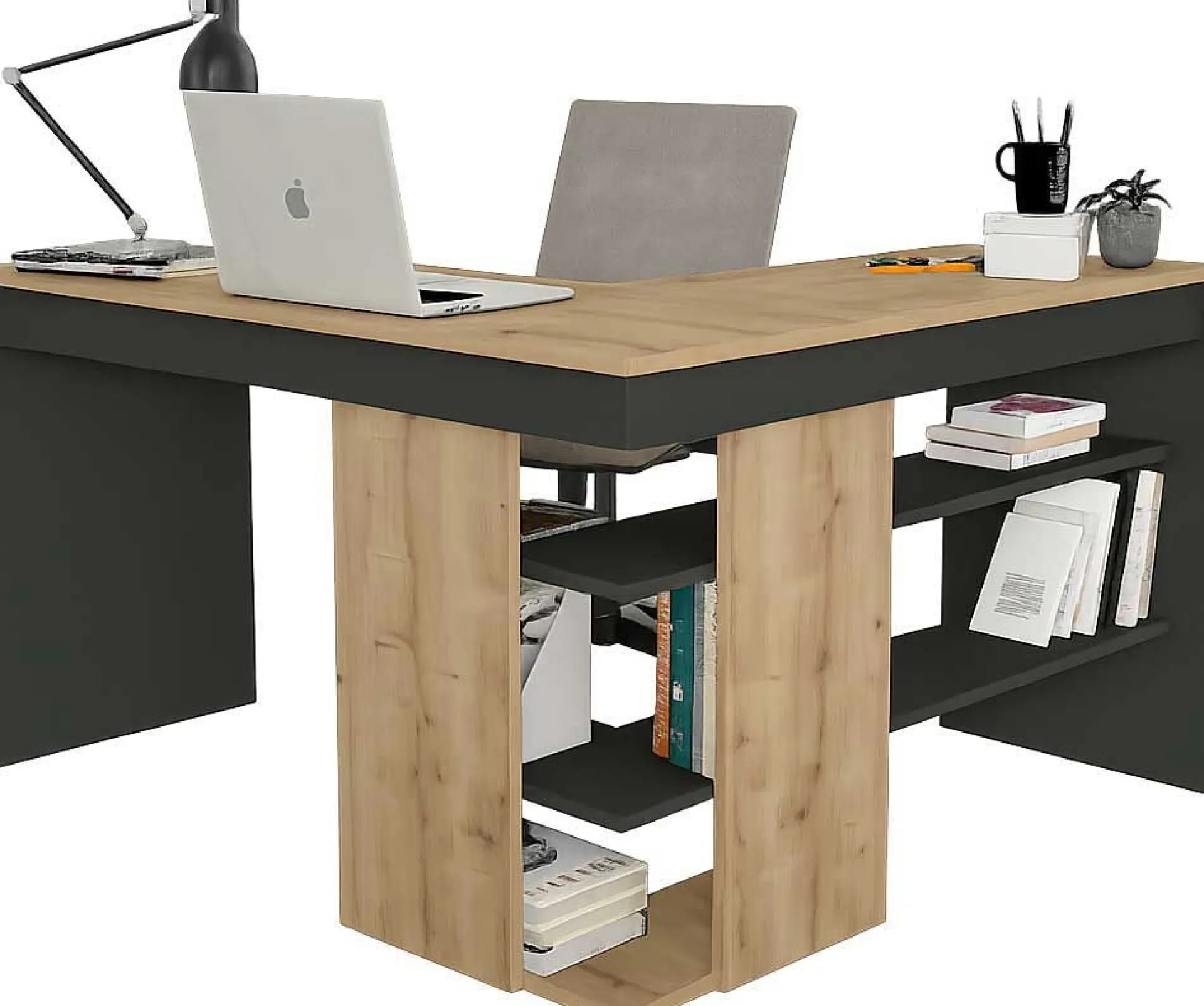 Emob Eckschreibtisch Stylo - 120x45x74cm - mit Stauraum - Eiche Dekor/anthrazit