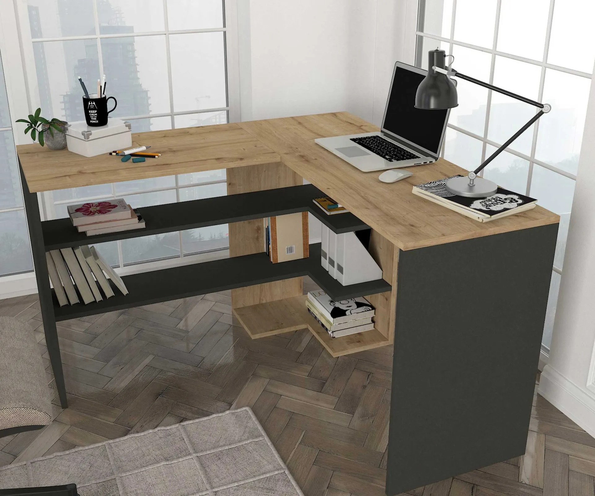 Emob Eckschreibtisch Stylo - 120x45x74cm - mit Stauraum - Eiche Dekor/anthrazit