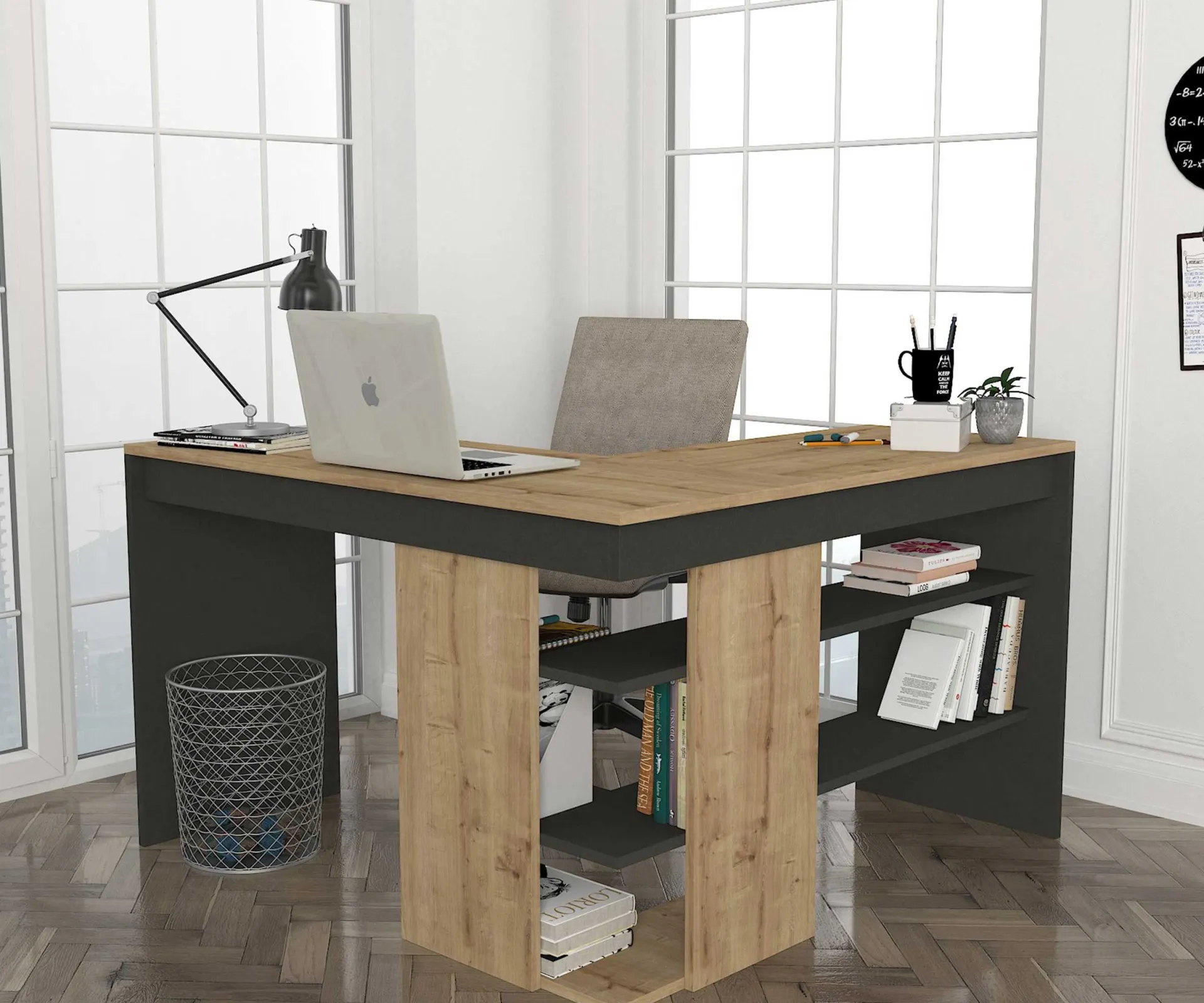 Emob Eckschreibtisch Stylo - 120x45x74cm - mit Stauraum - Eiche Dekor/anthrazit