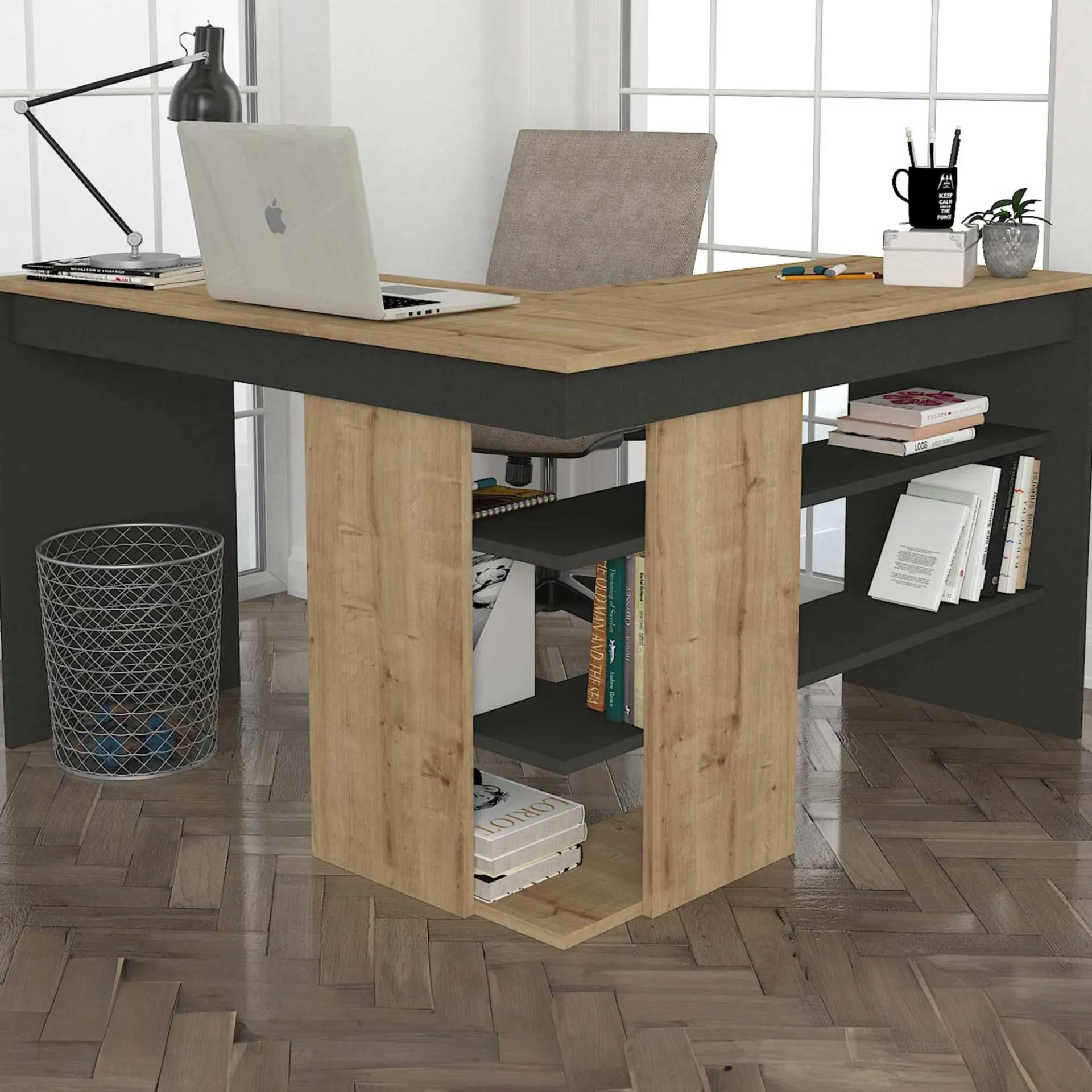 Emob Eckschreibtisch Stylo - 120x45x74cm - mit Stauraum - Eiche Dekor/anthrazit
