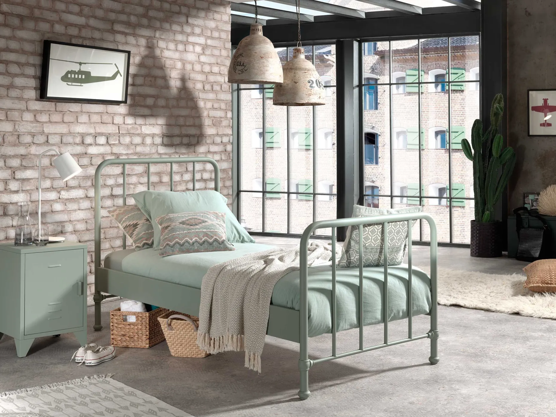 Einzelbett Bronxx Metall 90x200 - matt olivgrün