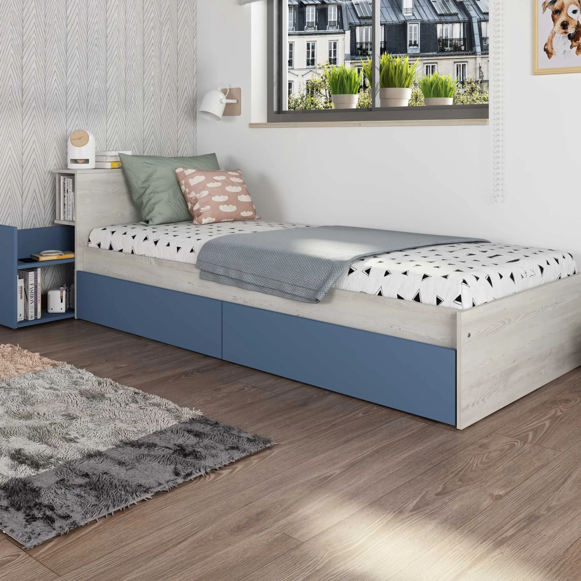 Einzelbett Kazim 90x200 mit Stauraum - dunkelblau