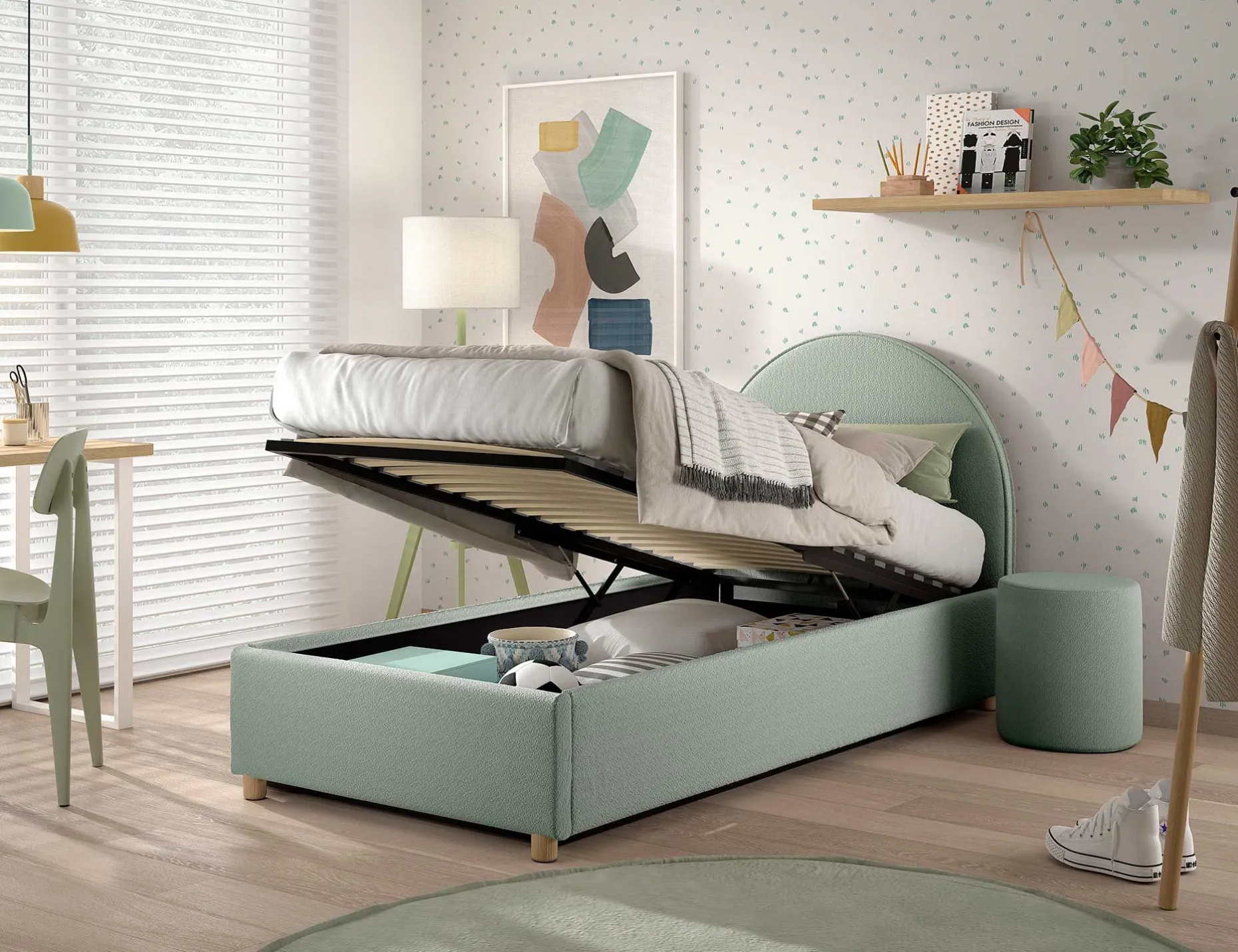 Einzelbett Maeva - 90x200cm - mit Stauraum - grün