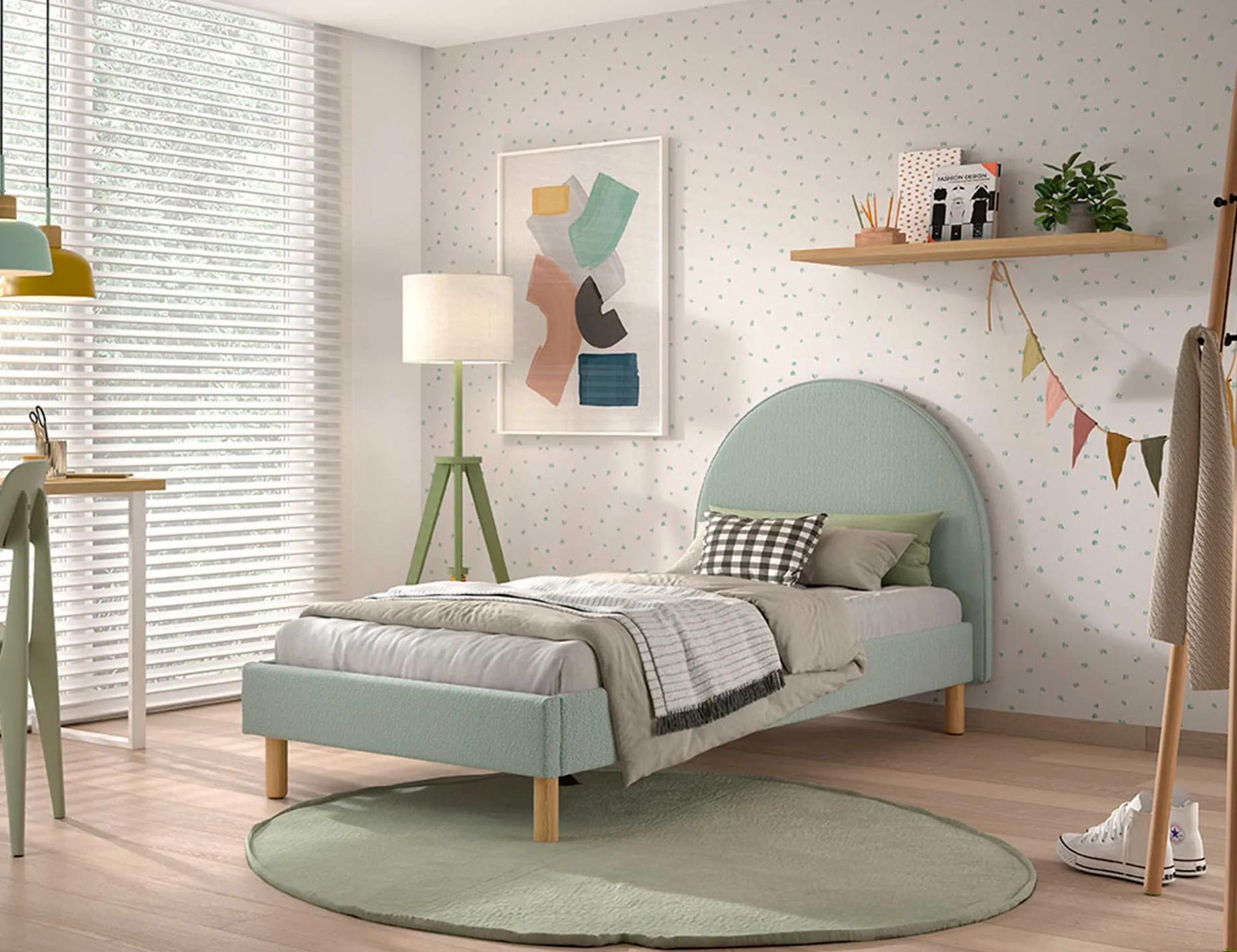 Einzelbett Maeva - 212x97x107 cm - Grüner Bouclé-Stoff