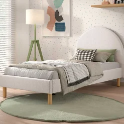 Einzelbett Maeva - 212x97x107 cm - Weißer Bouclé-Stoff