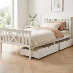 Einzelbett Milo - 90x200cm - mit Schubladen - massivem Kiefernholz - weiß