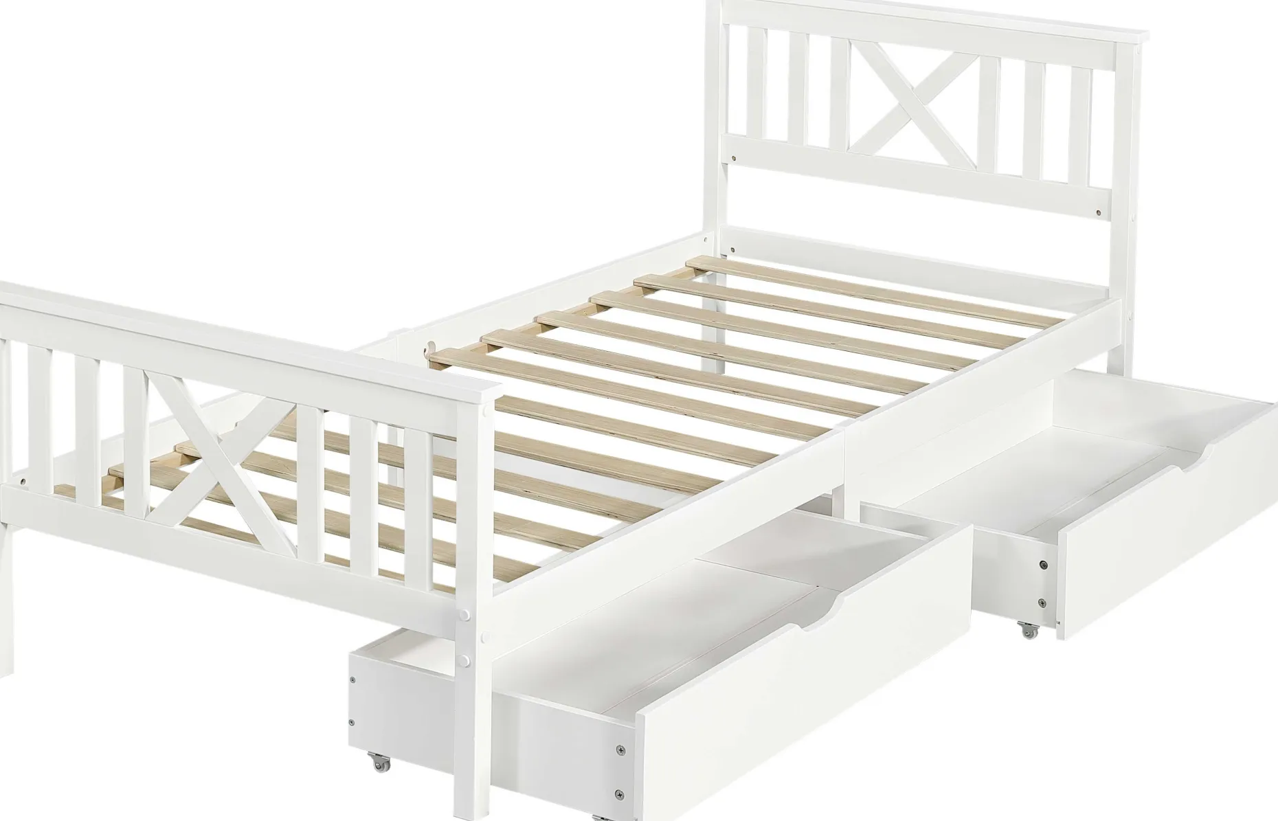 Einzelbett Milo - 90x200cm - mit Schubladen - massivem Kiefernholz - weiß