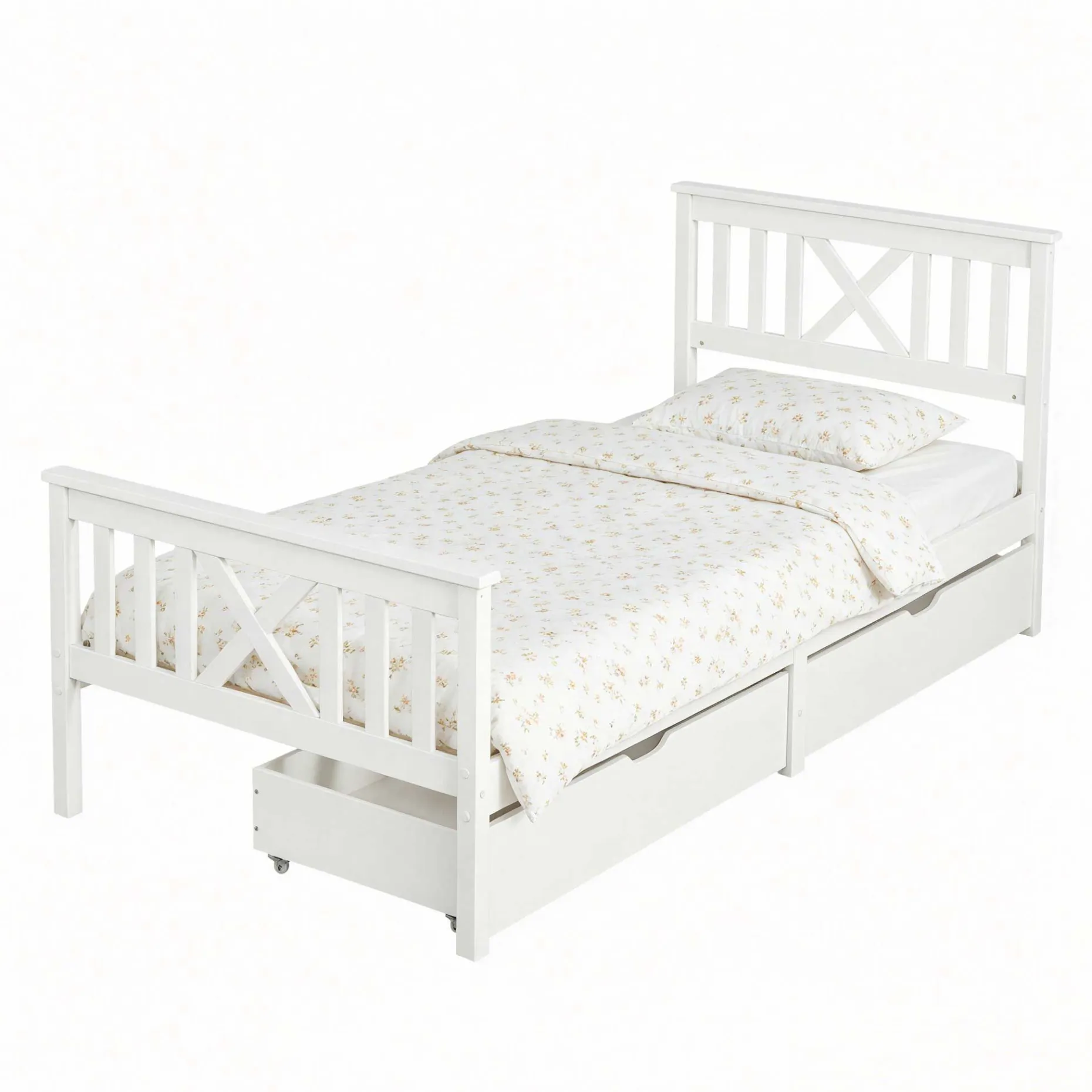 Einzelbett Milo - 90x200cm - mit Schubladen - massivem Kiefernholz - weiß